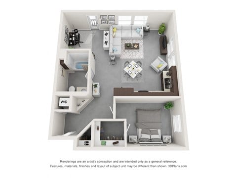 Floor plan for 1 bed, 1 bath, 879 sqft
